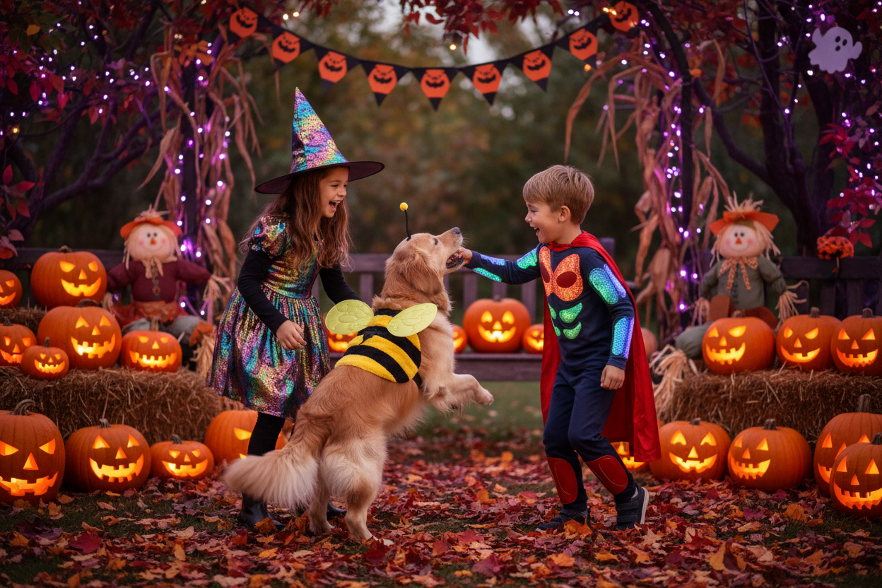 Girl and boy playing with a dog during Halloween